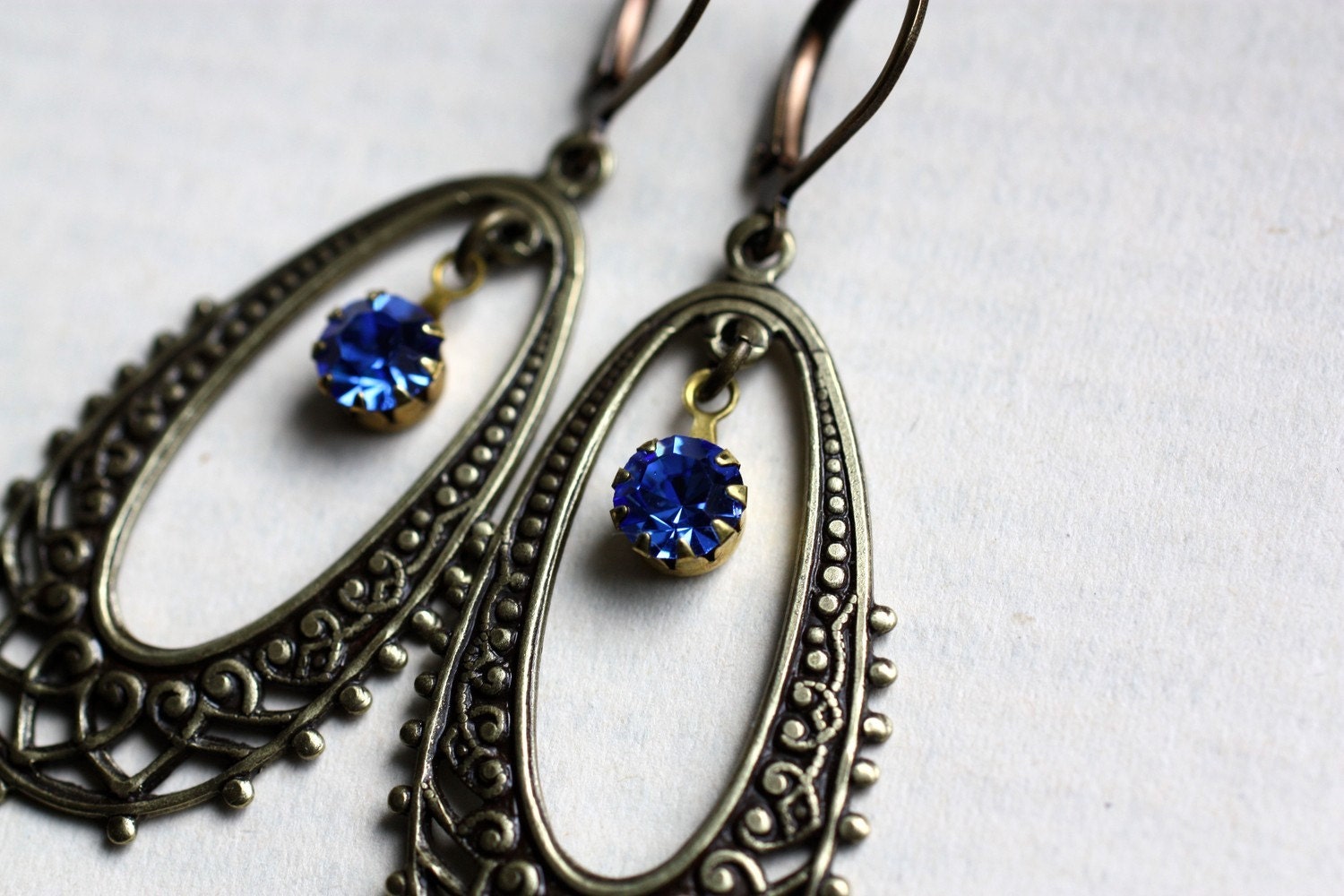 Ornate Earrings with Vintage Sapphire Rhinestones. Orient Express