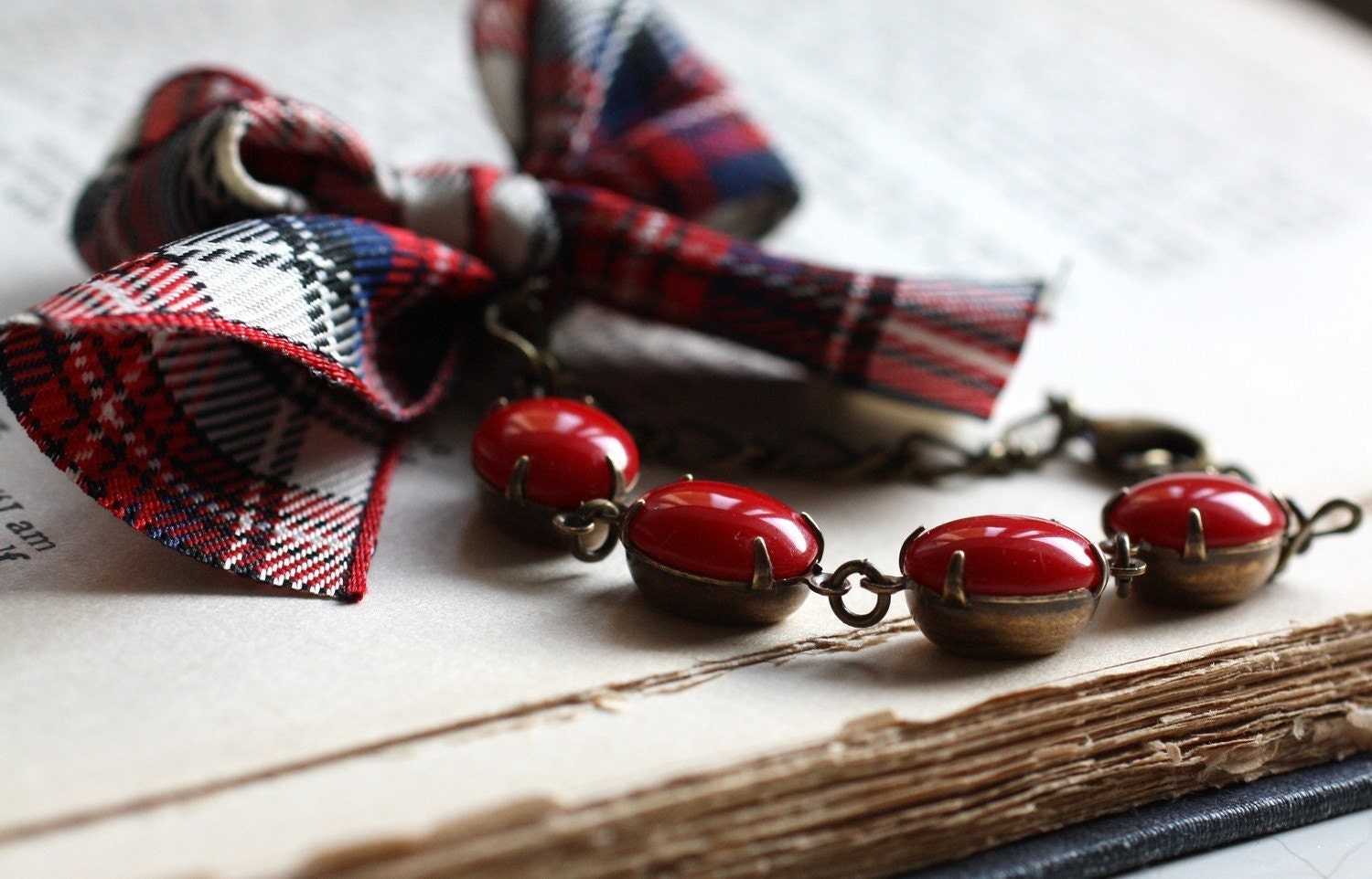 Vintage Red Glass Bracelet with Plaid Bow. Preppy