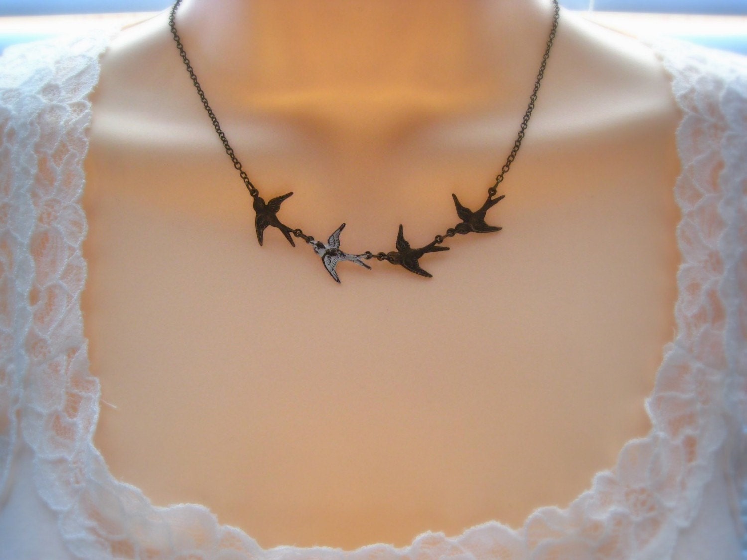 Bird Necklace with White and Antiqued Brass Birds. Flock Necklace - Be Yourself