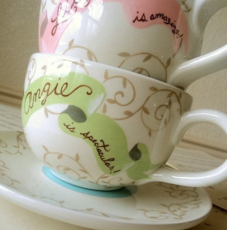 Swirling Vines. Personalized Large Latte Mug and Saucer