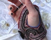 Hand-felted Swirling Cranberry Red, Black and Taupe Wrist Cuff - Palm Cozy No. 004