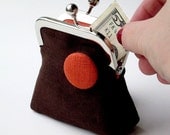 Brown and orange linen change purse with matching button ... womens coin purse ... travel jewelry purse - ByMyTouch