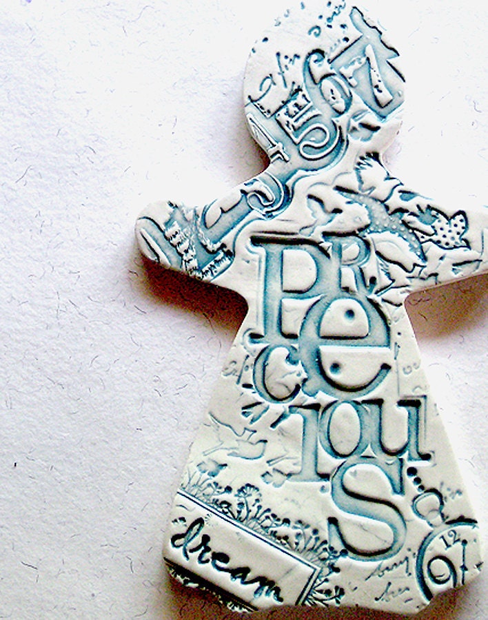 Precious Dream Clay Paper Doll in Blue -  Ceramic Wall Hanging - Birth, Baby Shower, Kids Room