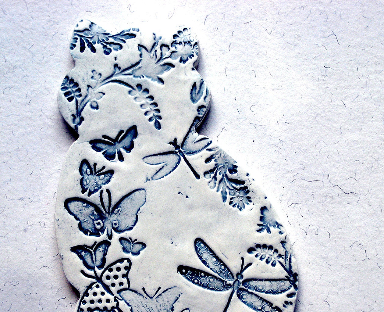 Ceramic Wall Art - Butterfly Chaser - Cat Home Decor - Blue and White