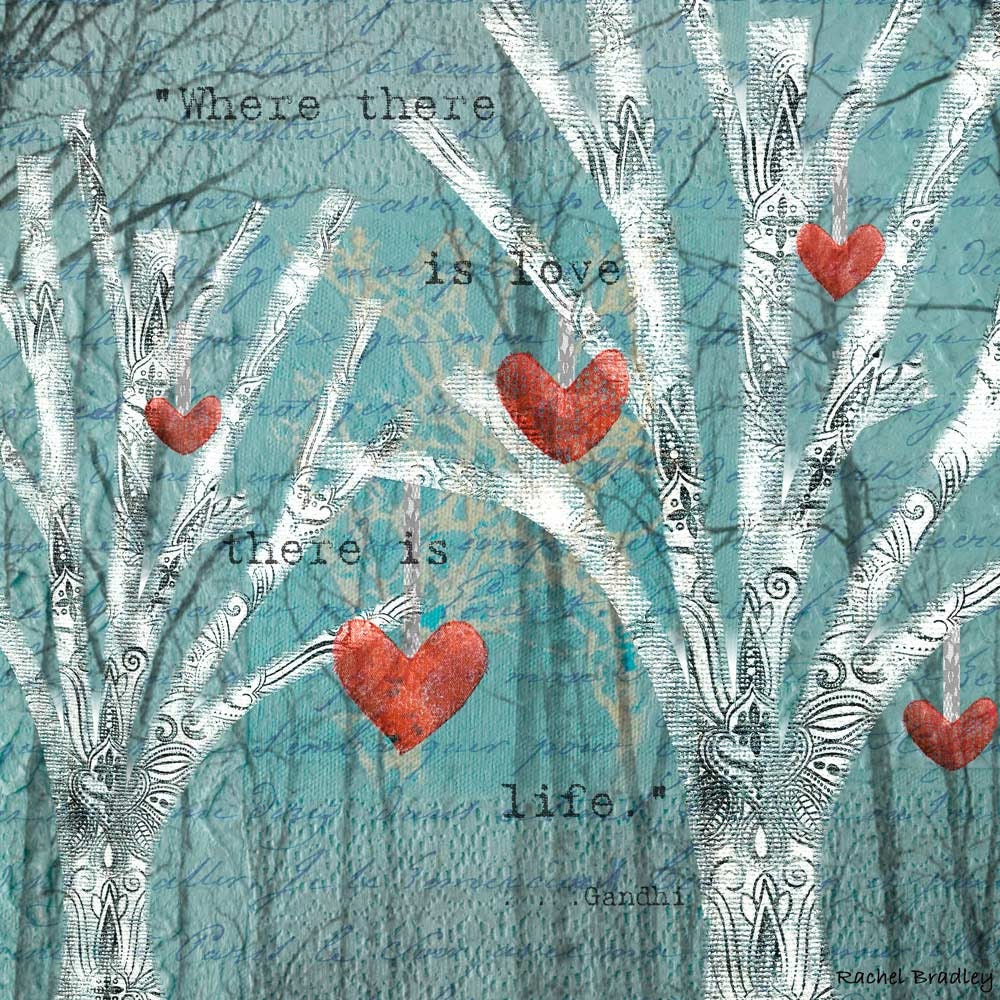 Mixed Media Giclee Print with Trees, Hearts, and Inspirational Gandhi Quote. 14 x 14 Ready to Hang Wrapped Canvas Archival Print