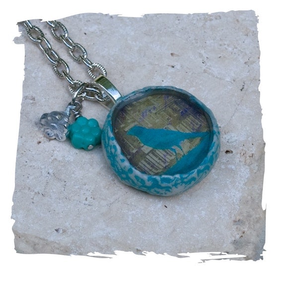 Handmade Colorful Crow Necklace Turquoise Necklace Silhouette Necklace with a Vintage Crow Photograph