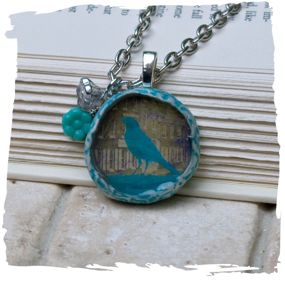 Handmade Colorful Crow Necklace Turquoise Necklace Silhouette Necklace with a Vintage Crow Photograph