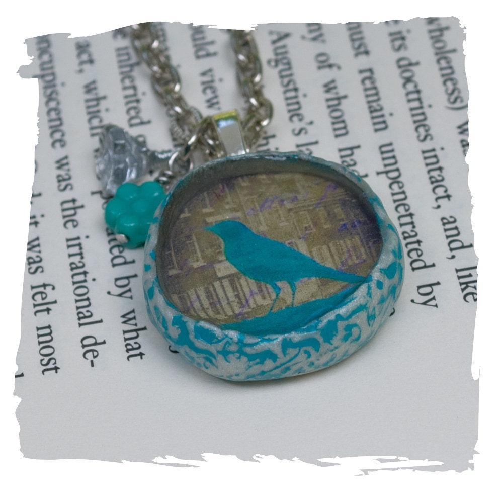 Handmade Colorful Crow Necklace Turquoise Necklace Silhouette Necklace with a Vintage Crow Photograph