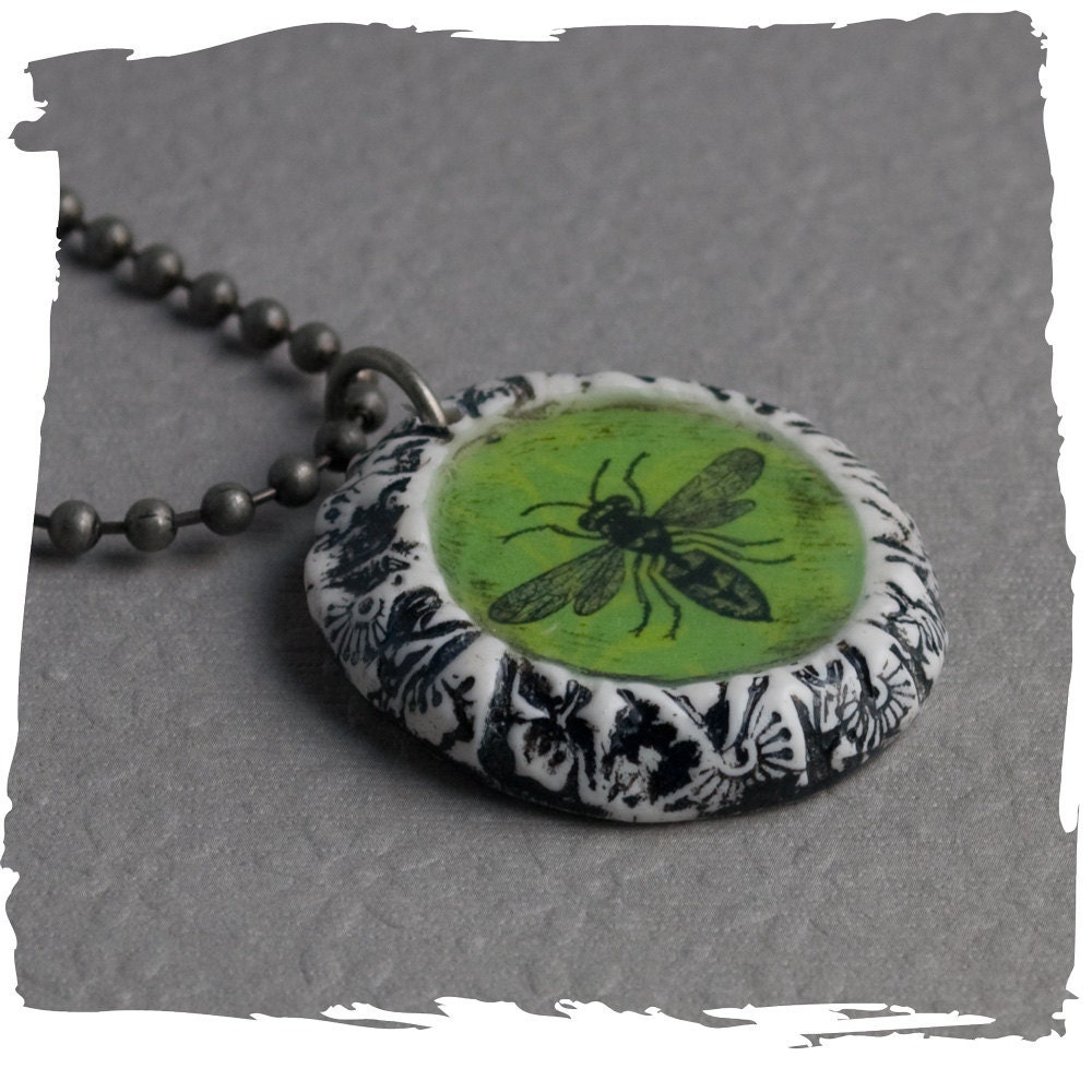 Bee Necklace Green Necklace Green Bee Necklace with Antique Silver Ball Chain