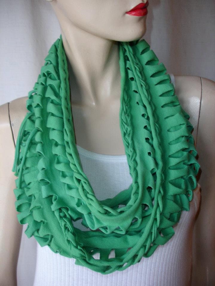 womens or mens shredded braided cotton jersey tshirt scarf , infinity scarf , eternity scarf. green