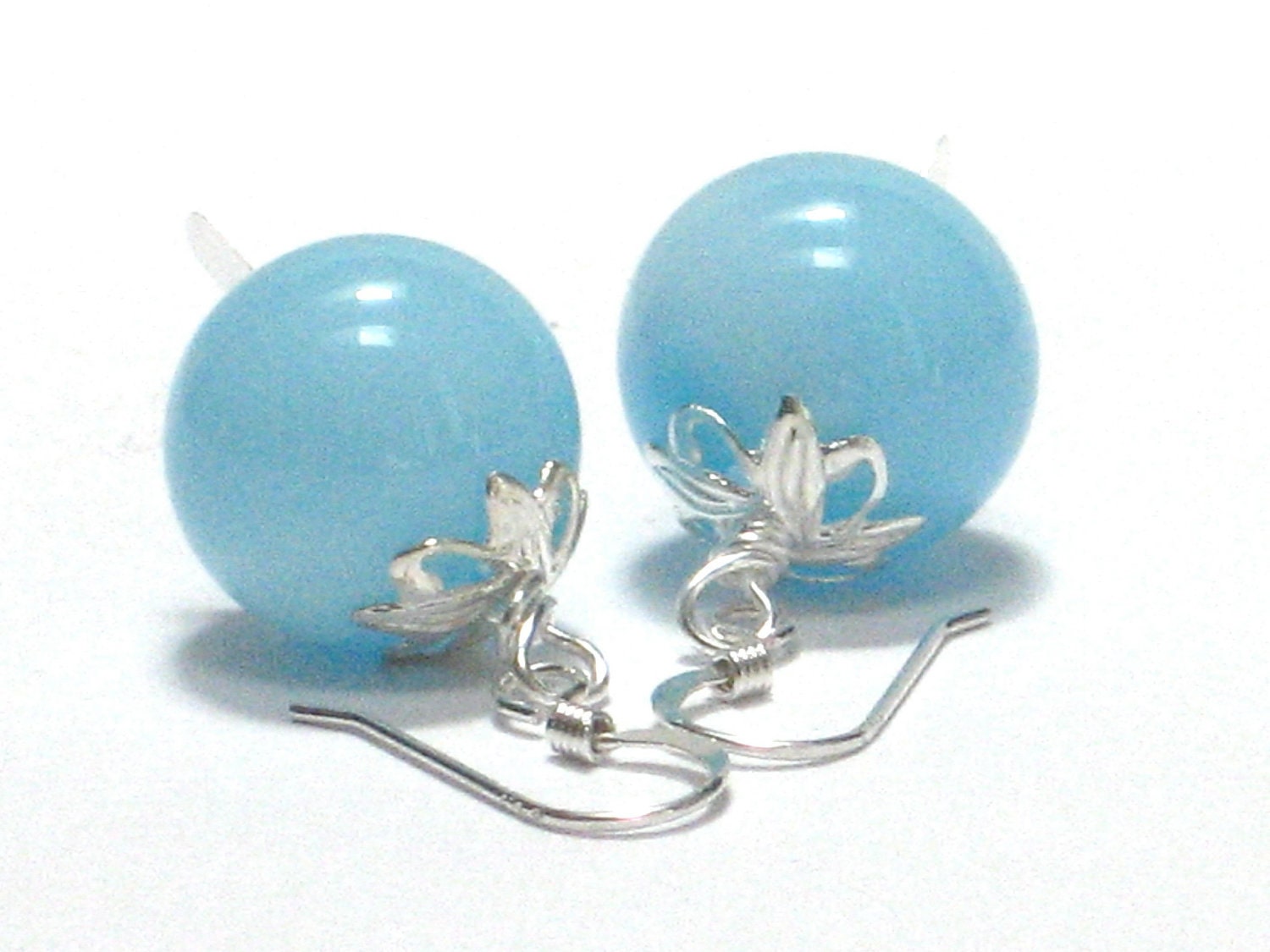 Blue Earrings, Pastel Blue Hand Blown Glass Baby Blue Ocean Sterling Silver Dangle Earrings Summer Fashion Under 25- Sea View