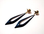 Vintage Gold Tone and Navy Blue Teardrop Spike Dangle Pierced Earrings