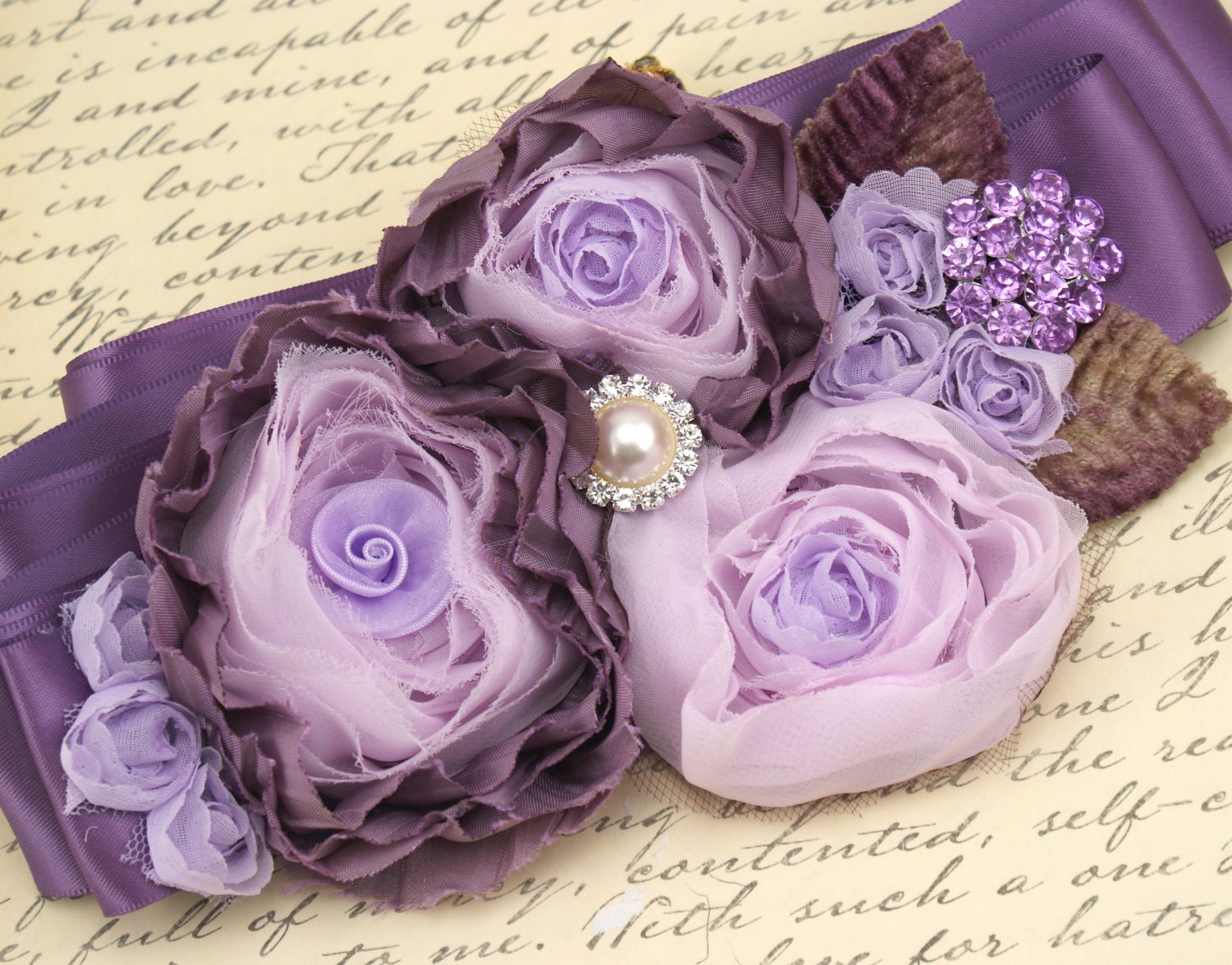 Bridal Sash - Sash in Plum and Lilac with Handmade Chiffon Flowers and Jewels