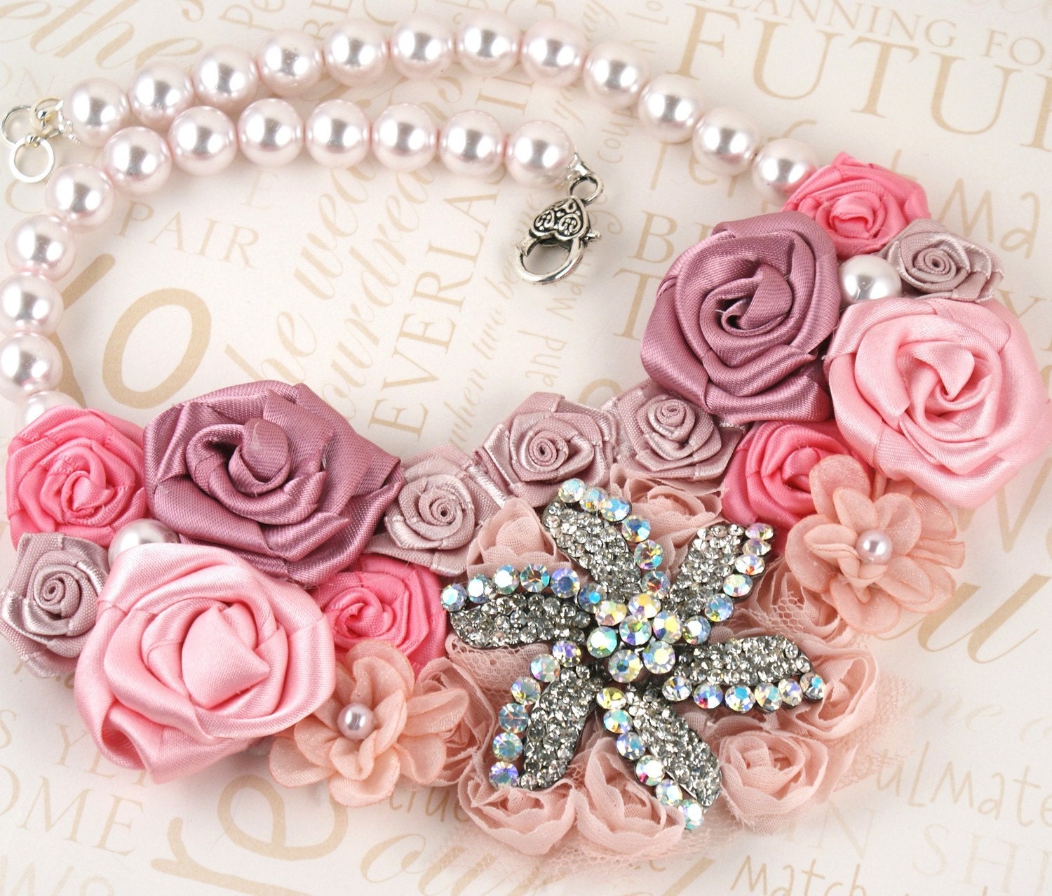 Bridal Statement Necklace Blush Pink with Handmade Satin Flowers and Aurora Borealis Repurposed Brooch - Passion for Pink
