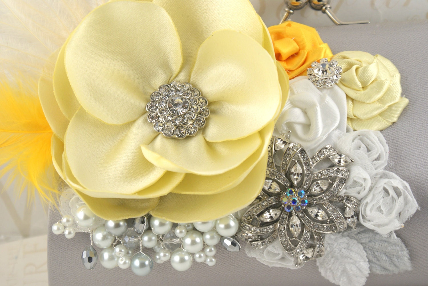 Bridal Clutch- Party Clutch in Silver, White and Yellow with Satin Flowers, Pearls, Brooches and Feathers