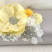 Bridal Clutch- Party Clutch in Silver, White and Yellow with Satin Flowers, Pearls, Brooches and Feathers