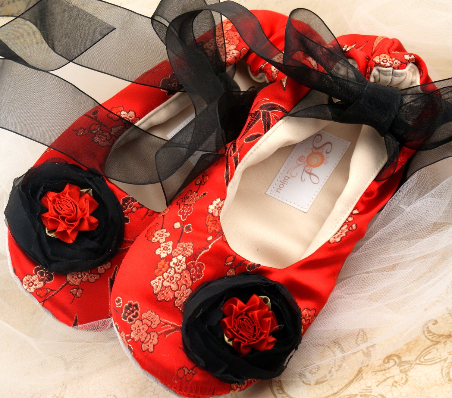Bridal Flats- Ballet Slippers in Red, Black and Gold with Japanese Silk and Chiffon Flowers