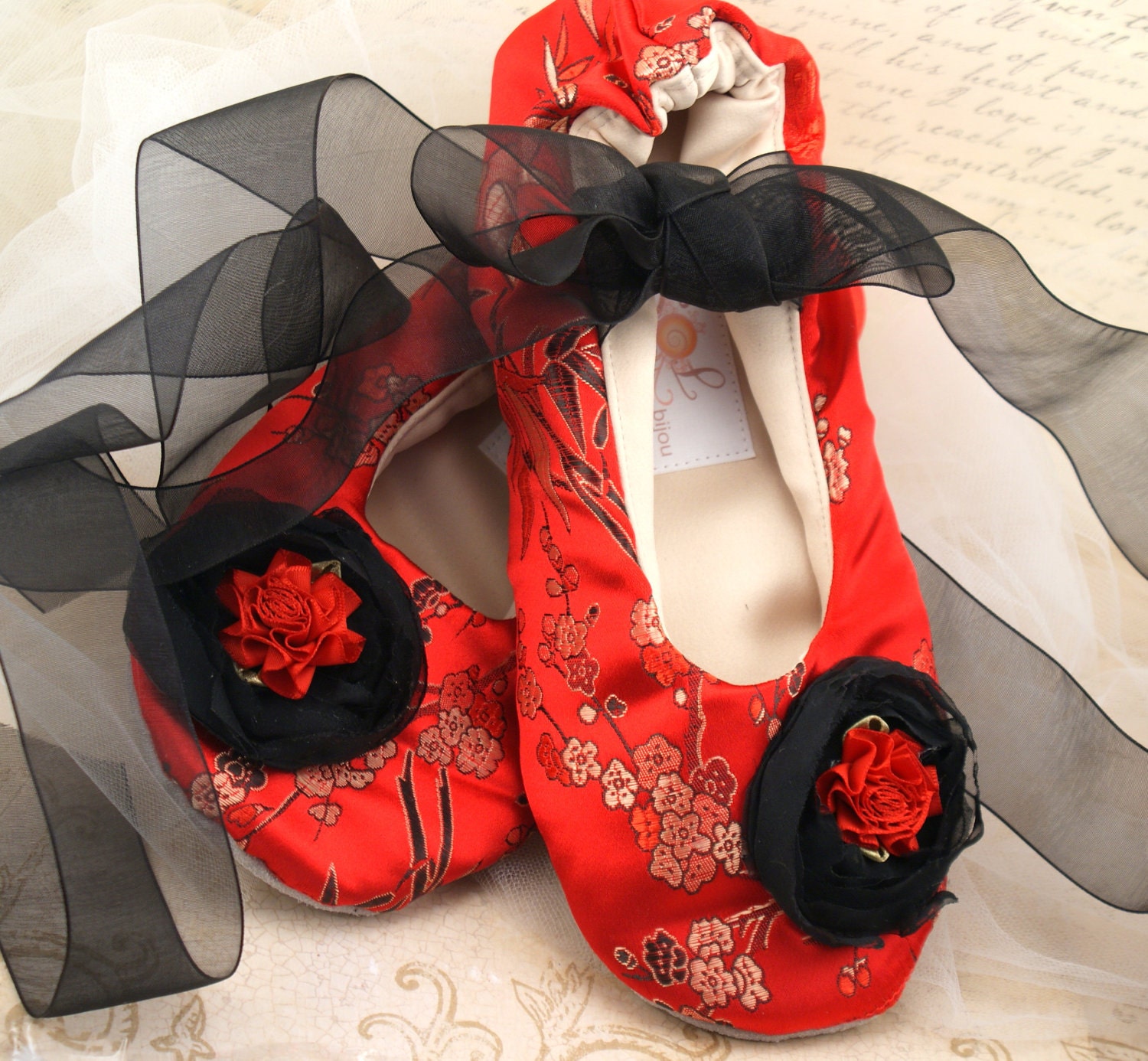 Bridal Flats- Ballet Slippers in Red, Black and Gold with Japanese Silk and Chiffon Flowers