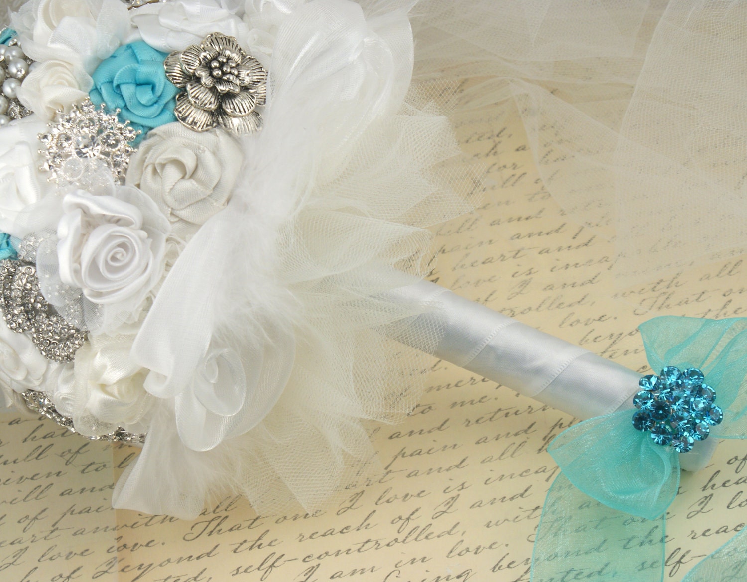 Brooch Bouquet Wedding Bouquet Bridal Bouquet in Ivory, Tiffany Blue and White