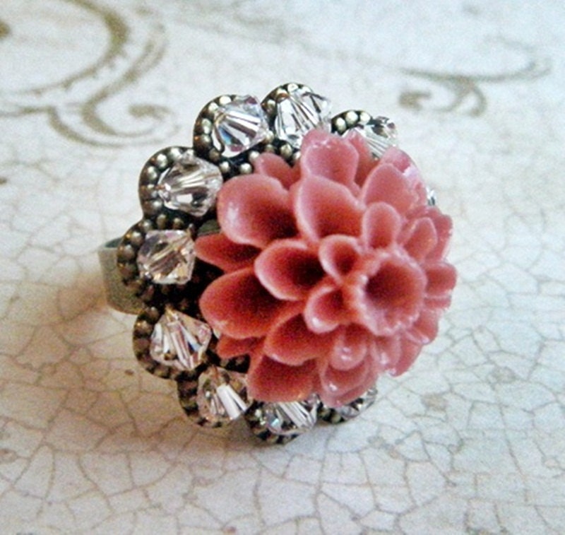 Pink Flower with Swarovski Crystals Antique Brass Adjustable Ring - Sparkle Bouquet