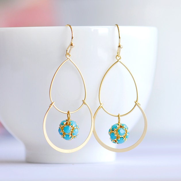blue turquoise earrings - Gold hoop chandelier earrings - Gold and Turquoise earrings - Cute bridesmaids gift