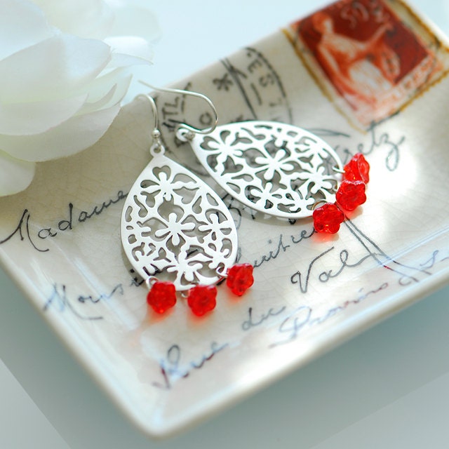Red earrings, Red Chandelier earrings, Bohemian earrings, boho earrings, Large Teardrop earrings, Red and silver, Spanish earrings