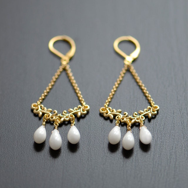 White Chandelier earrings - White coral earrings - White and gold earrings - Ocean inspired jewelry - unique bridal jewelry