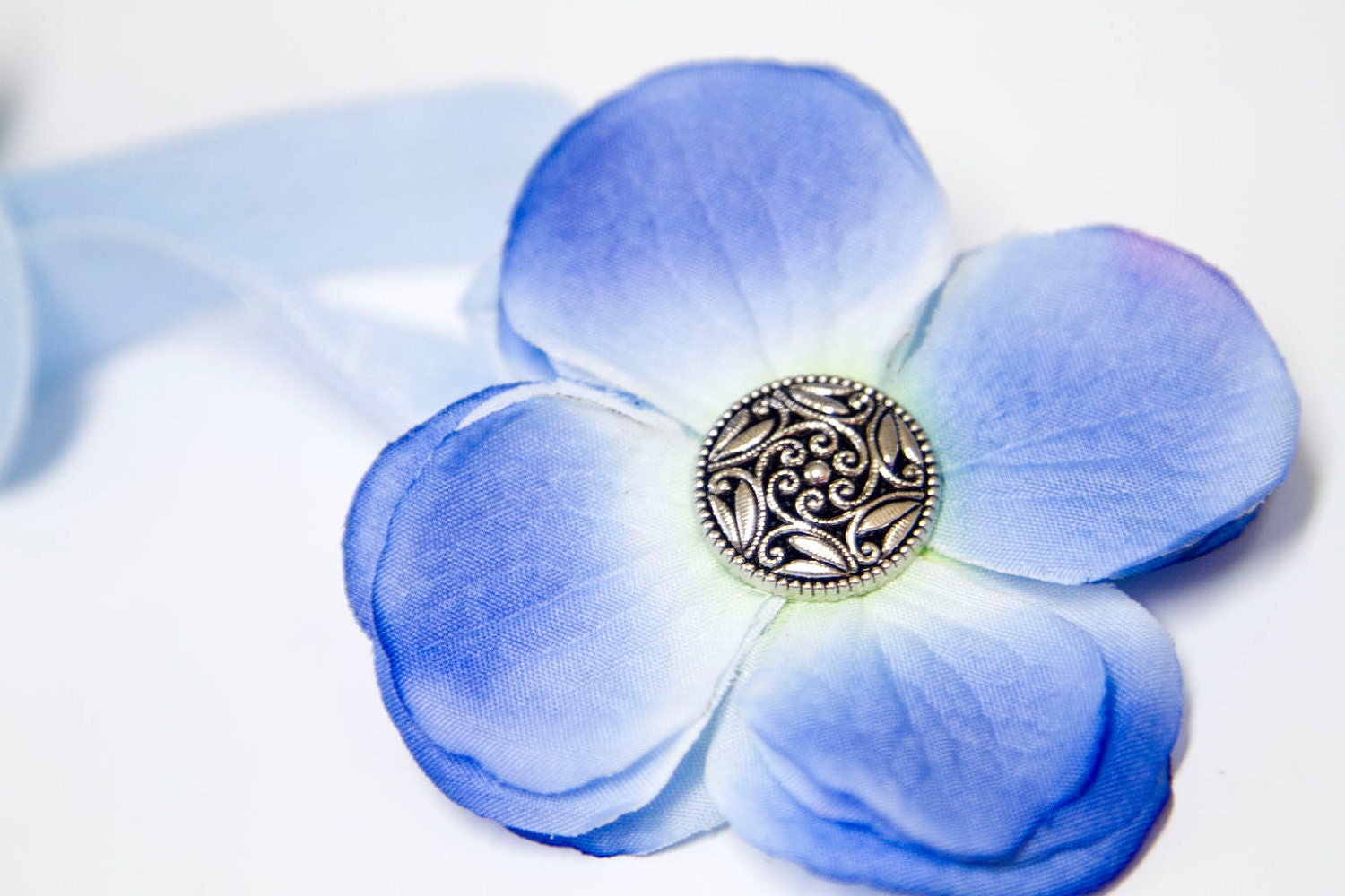 FIVE DOLLAR SALE - Blue Hydrangea Stack with a Vintage Style Button Center on a Baby Blue Elastic Headband