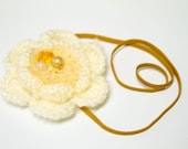 REDUCED - Sugar Cookie - Crochet Fabric Flower Headband, Ivory and Mustard Yellow