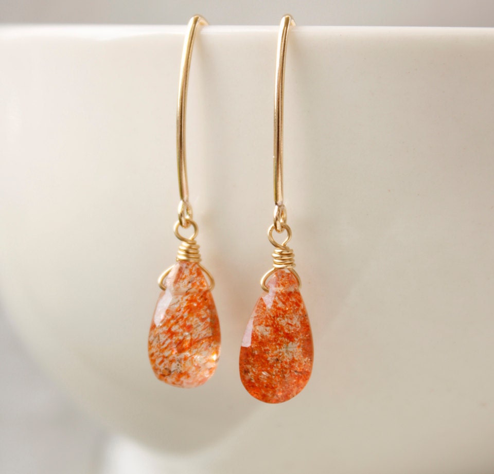 Gold Sunstone Earrings - Simple Hooks - Peaches and Apricot