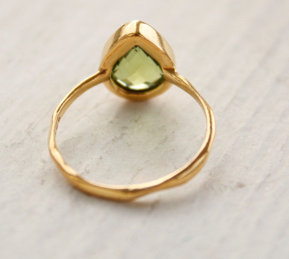 Green Peridot Ring - August Birthstone Ring, August Birthdays - Vermeil Gold, Size 5 Ring