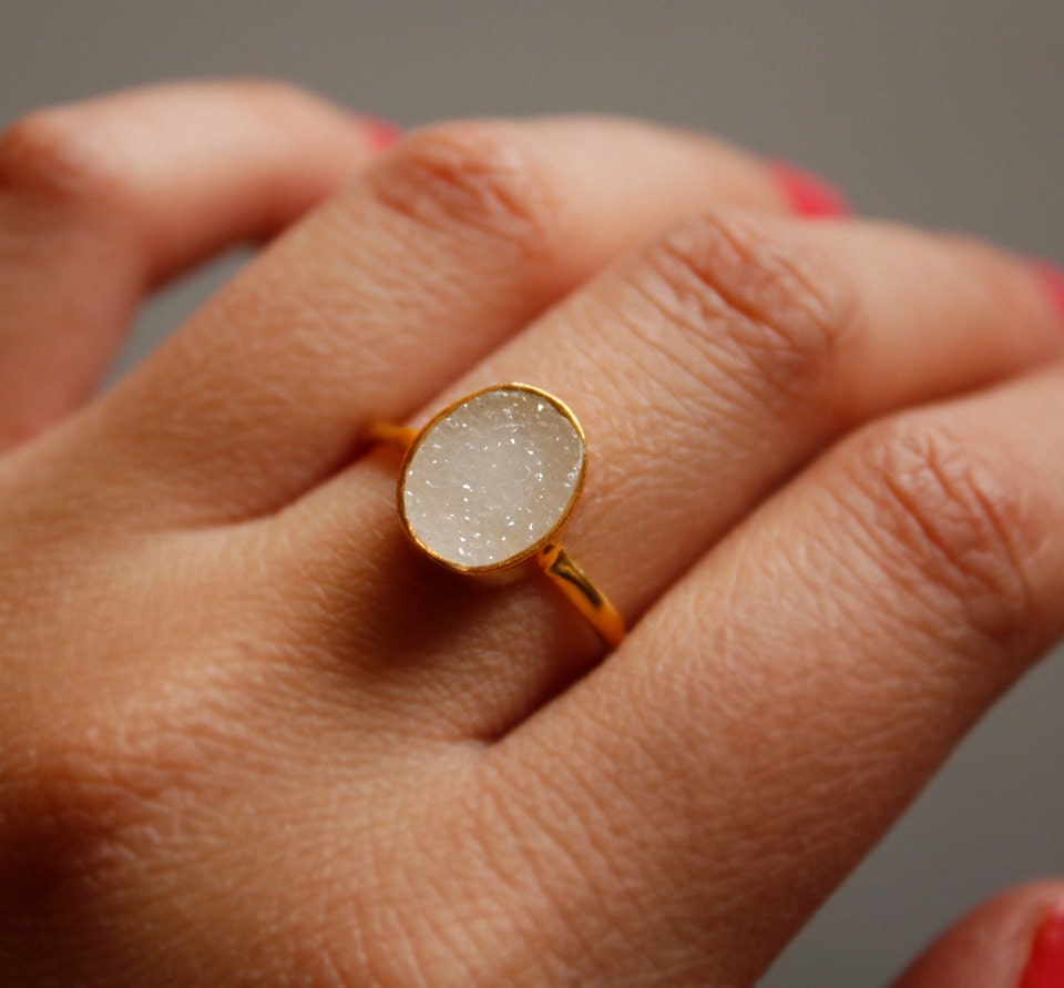 White Druzy Ring - Oval Shaped Ring - Natural Geode Ring