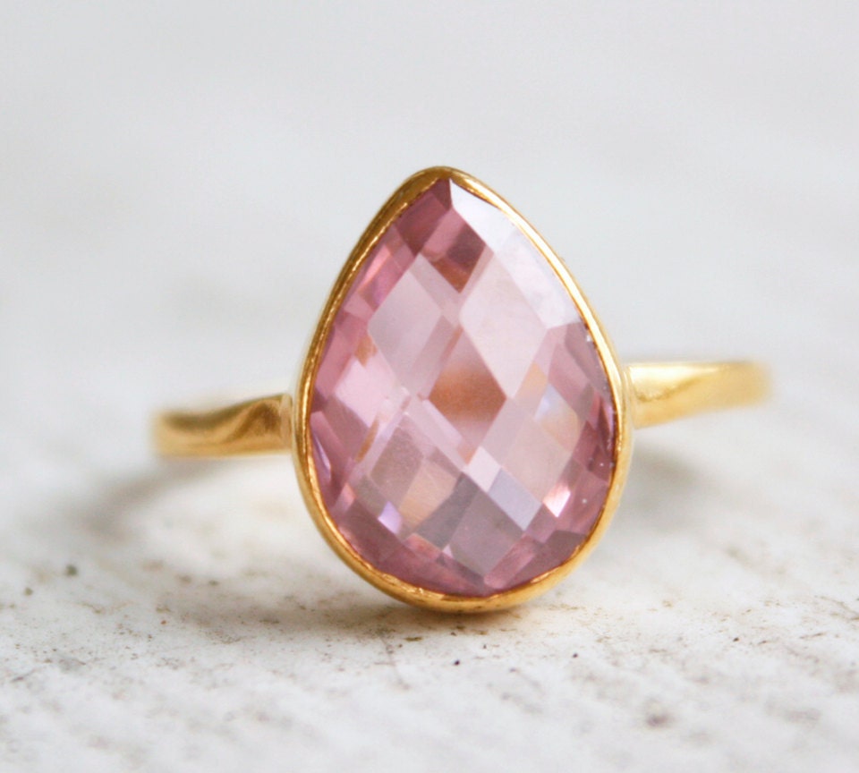 SALE 15 OFF Stacking Ring- Gemstone Ring- Gold Pink Quartz Ring - Princess Pink - Vermeil Gold