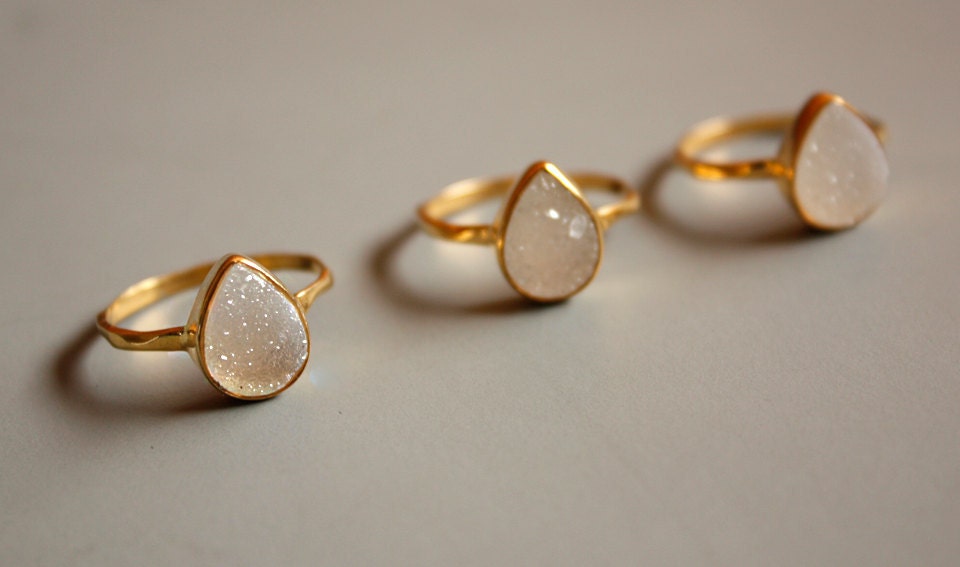 Gemstone Ring - Druzy Ring - White Agate Druzy - Teardrop Shape - Stacking Ring