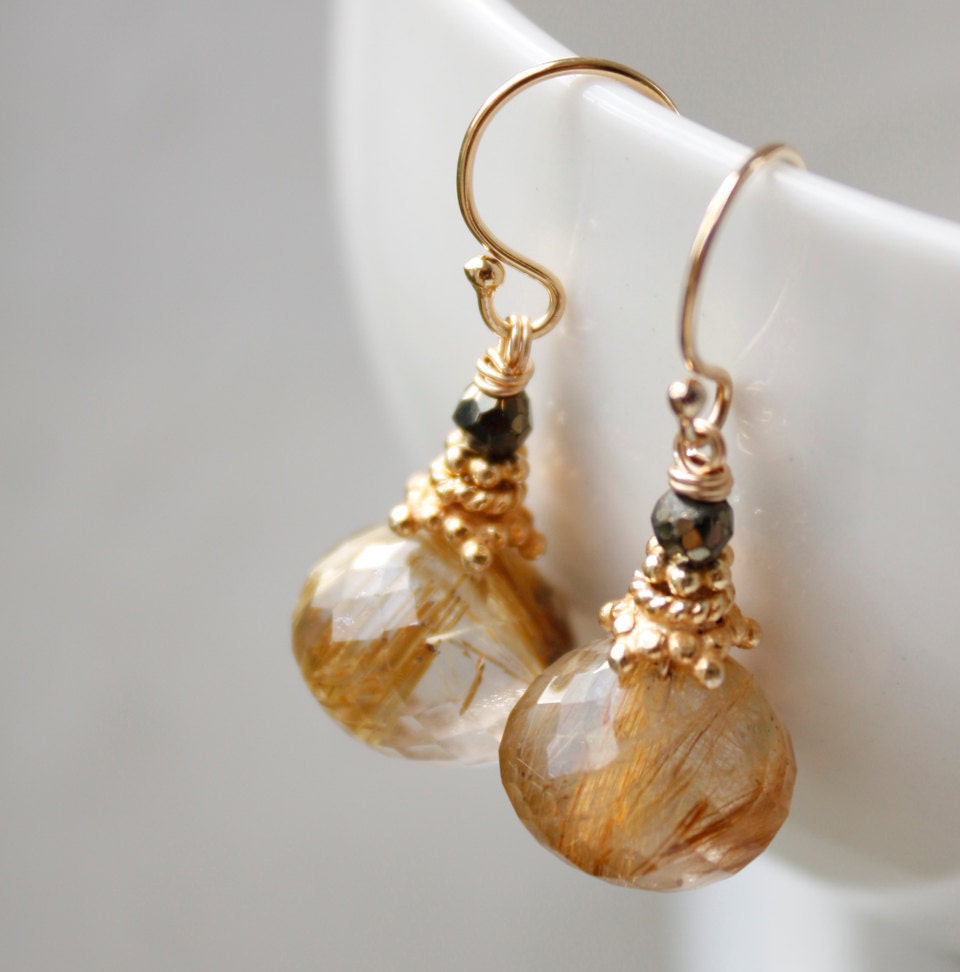 Gold Rutilated Quartz and Black Pyrite Earrings - Golden Rutile Quartz - 14Kt Gold Fill