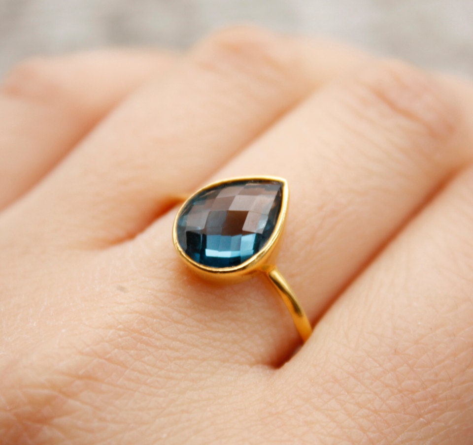 Gold Blue Topaz Ring - Gemstone Ring - London Blue, December Birthstone Ring, Teardrop