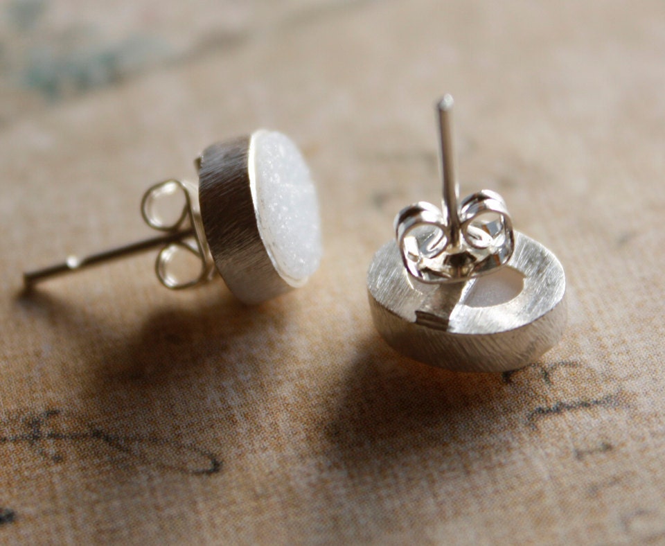 Natural Agate Druzy Studs - Oval - Soft Grey, Agate Geode Slice