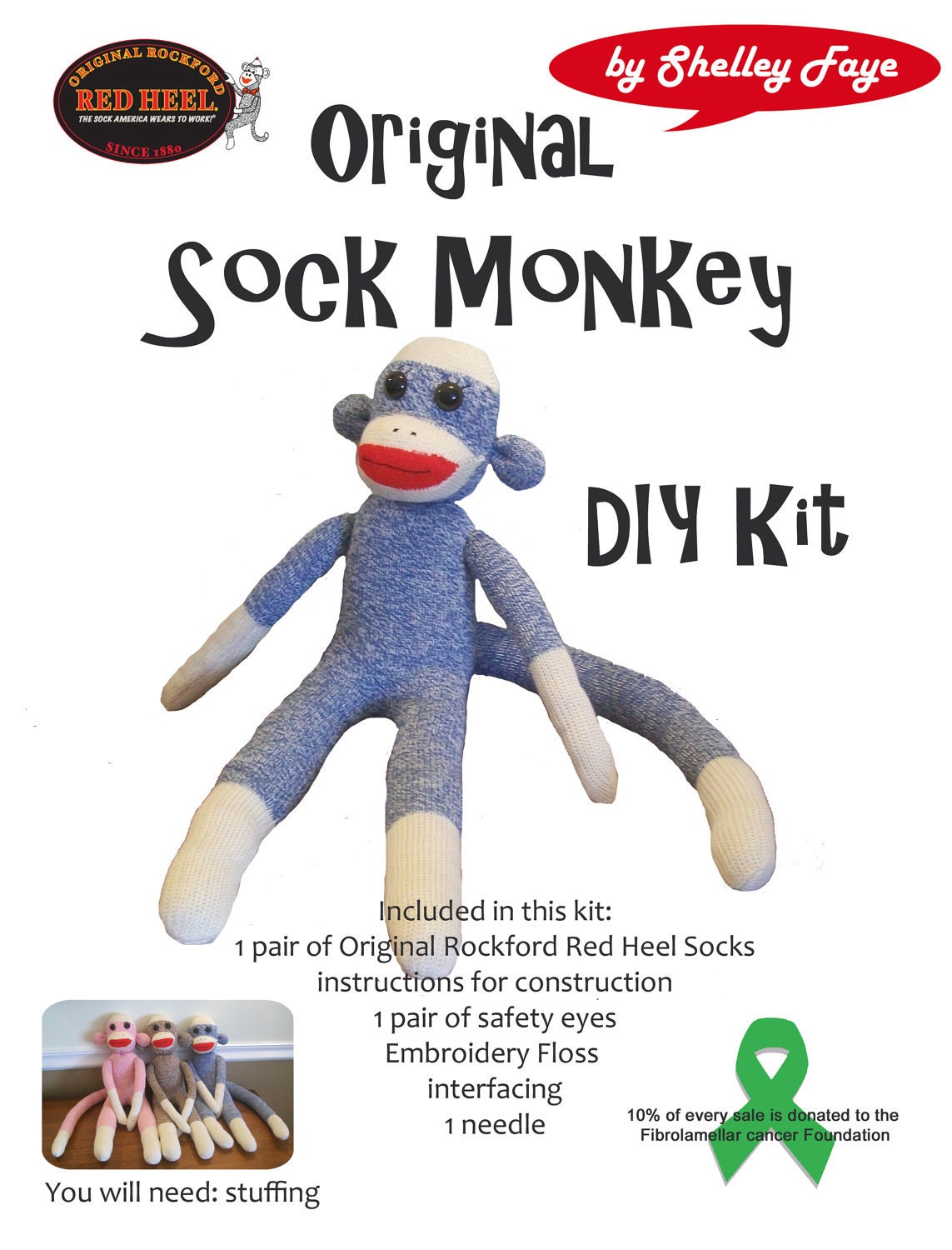 DIY kit - classic red heel sock Monkey in BLUE Make your own handmade gift