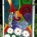 Original Folk Art Painting Kaleidoscope Rooster Sitting on a Hill of White Daisies Vibrant Colorful Whimsical Art