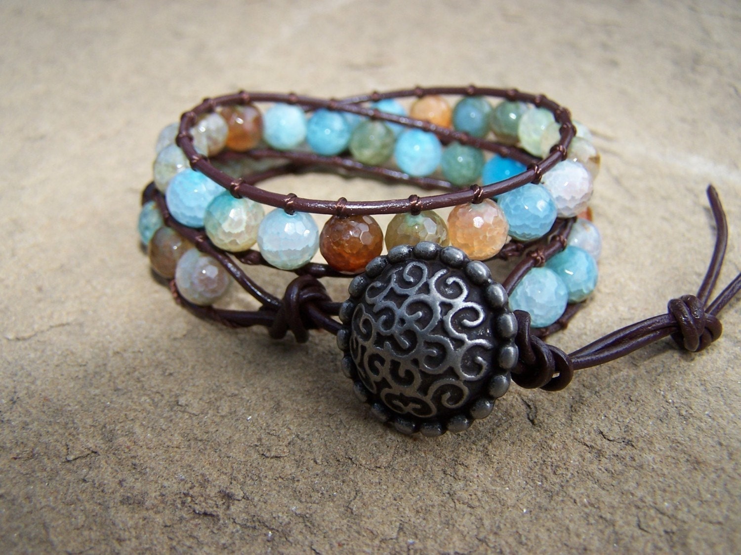 Coco Beach Agate Beaded Leather Wrap Bracelet