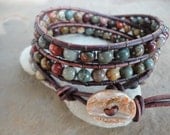 Earthy Jasper Beaded Natural  Leather Wrap Bracelet