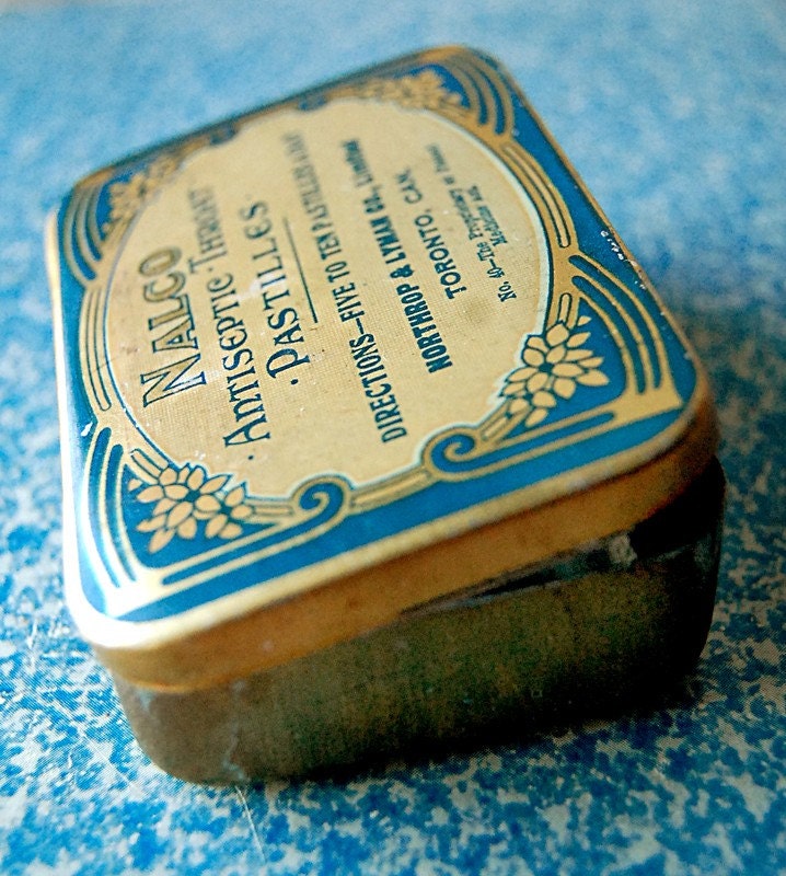 Vintage Small Antique Nalco Pastilles Tin with Gold and Blue Art Nouveau Design.