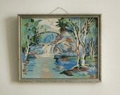 Vintage Paint By Numbers of Nature Forest Waterfall Scene with Ornate Wood Antique Frame.