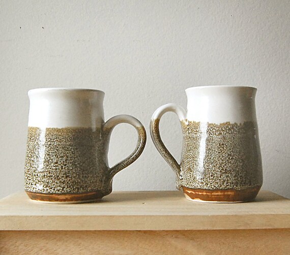 Vintage Handmade Ceramic Wheel Thrown Pair of Coffee or Tea Organic Mugs or Cup.