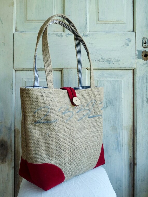 Upcycled LeAH tote. Everyday bag. Book bag. Burlap coffee sack. Navy blue and white stripes. Red corduroy.
