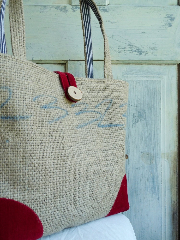 Upcycled LeAH tote. Everyday bag. Book bag. Burlap coffee sack. Navy blue and white stripes. Red corduroy.