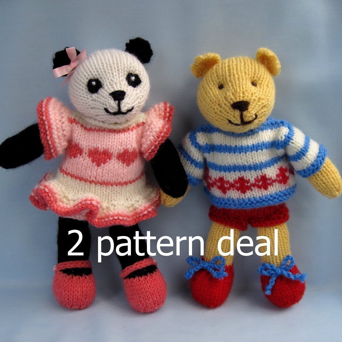 Cherry Blossom Panda and Butternut Bear - 2 pattern deal - knitted toy dolls - INSTANT DOWNLOAD - PDF email knitting patterns - ePatterns