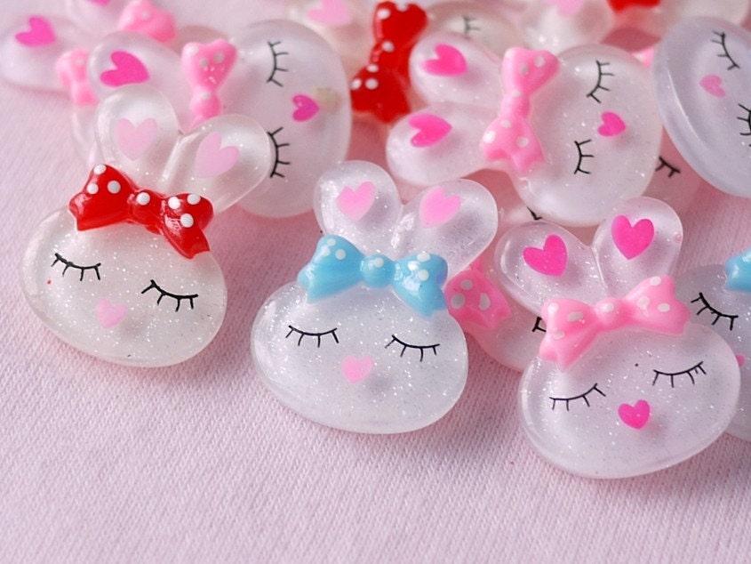 15 pcs. Glitter Love Bunny with Bow Cabochon - 22mm