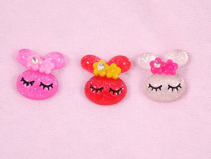 15 pcs. Glitter Love Bunny with Flower Cabochon - 20mm