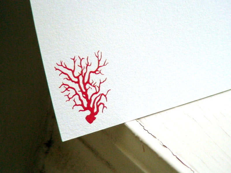 Coral Personalized Stationery - Flat Notecards - Red and White Cards - Thank You Notes - Set of 10
